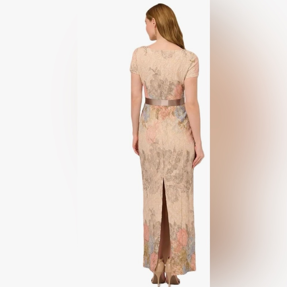Adrianna Papell Champagne Lace Maxi Dress with Taupe Sash and Pastel Accents - Picture 2 of 9